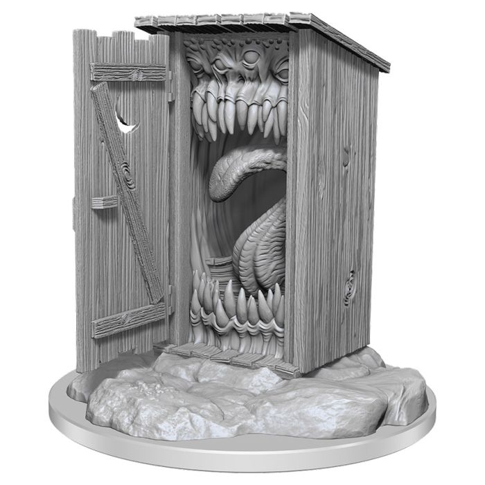 D&D:= Nolzur's Marvelous Minis: Giant Mimic= - Gray plastic miniature of a wooden outhouse with a door open, revealing a monstrous mouth with teeth and a tongue inside, on