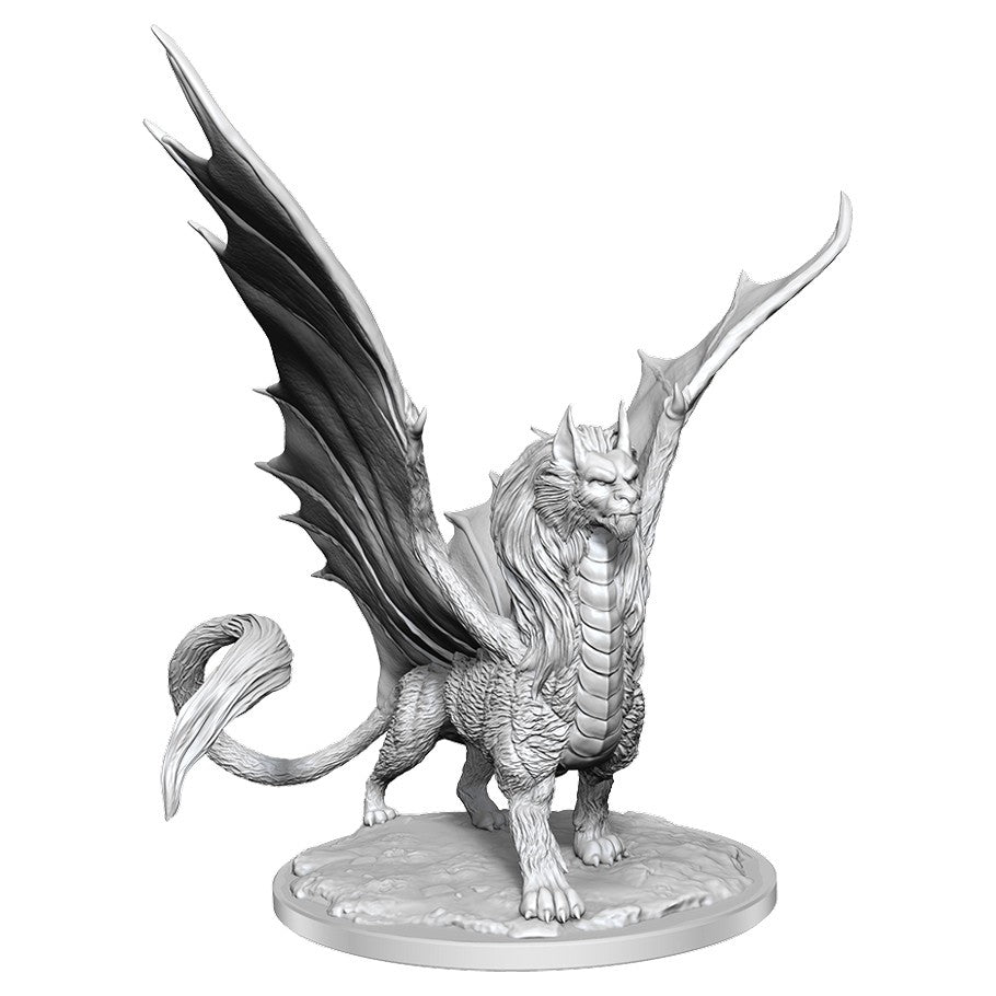 Dungeons & Dragons: Nolzur's Marvelous Minis: Dragonne - Unpainted gray resin miniature of a four-legged dragon with large wings and a curved tail on a round base.