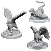 Dungeons & Dragons: Nolzur's Marvelous Minis: Griffon Hatchlings W17 - Three unpainted gray griffon hatchling miniatures with detailed feathers on round bases, each in different dynamic poses.