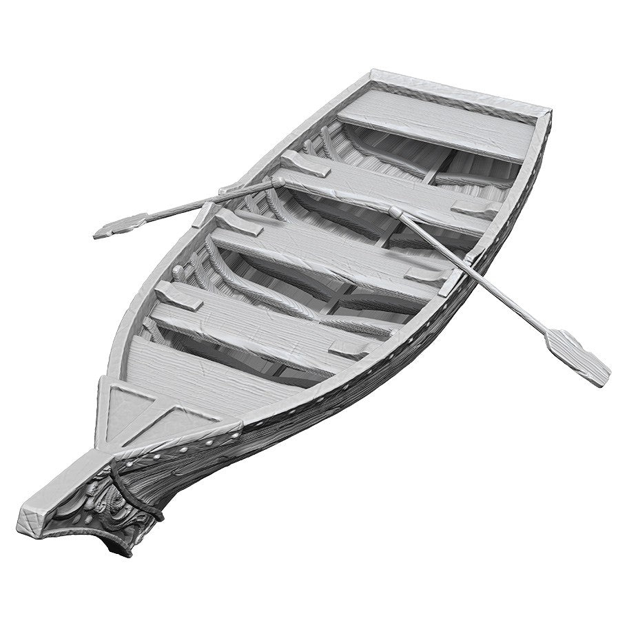 Deep Cuts: Rowboat & Oars - Gray wooden rowboat with four bench seats and two oars resting inside.