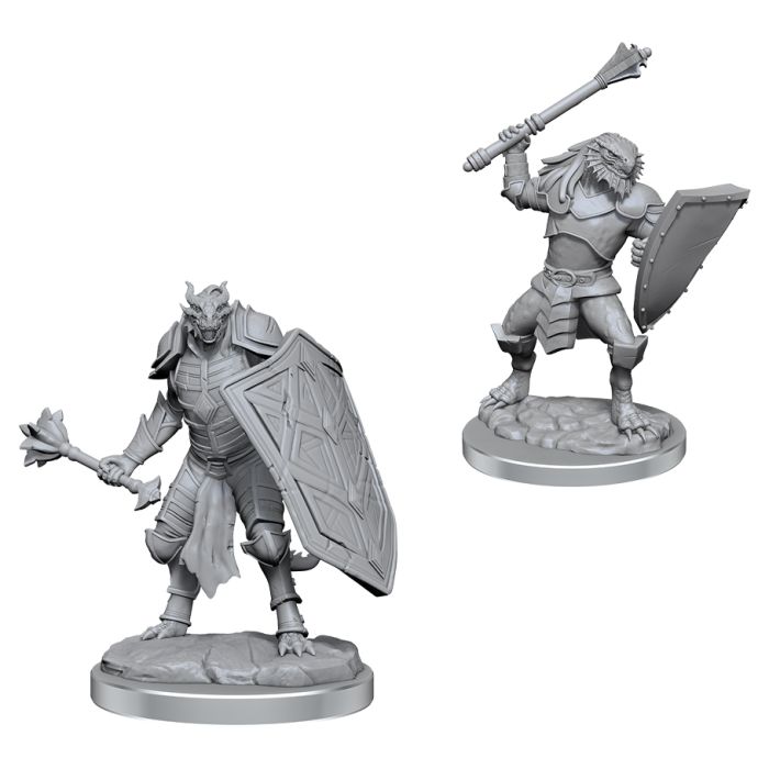 D&D Nolzur's Marvelous Miniatures: Dragonborn Clerics - Two gray unpainted dragonborn cleric miniatures, each holding a mace and large shield, with detailed armor and scales.