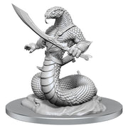 D&D: Nolzur's Marvelous Miniatures: Yuan-ti Abomination - Gray plastic miniature of a coiled snake humanoid with scales, holding a curved sword in one hand and wearing segmented.