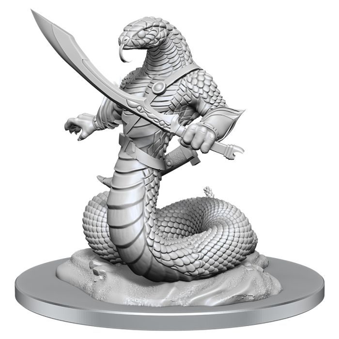 D&D: Nolzur's Marvelous Miniatures: Yuan-ti Abomination - Gray plastic miniature of a coiled snake humanoid with scales, holding a curved sword in one hand and wearing segmented.