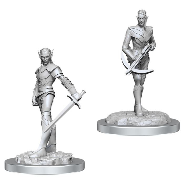 D&D Nolzur's Marvelous Miniatures: Drow Fighters - Two unpainted gray plastic miniatures of elven warriors, each standing on textured round bases, wielding swords and wearing.