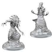 D&D Nolzur's Marvelous Miniatures: Mind Flayers - Two unpainted gray plastic miniatures of mind flayers with tentacled faces and flowing robes, detailed bases included.