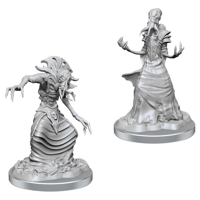 D&D Nolzur's Marvelous Miniatures: Mind Flayers - Two unpainted gray plastic miniatures of mind flayers with tentacled faces and flowing robes, detailed bases included.