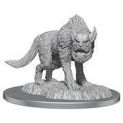 Dungeons & Dragons: Nolzur's Marvelous Minis: Yeth Hound - Gray sculpted Yeth Hound miniature with fur texture and horn on circular base.