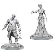 Deep Cuts: Zombies - Two unpainted miniatures, one of a standing male survivor holding a lantern, and the other a decayed female zombie in a.