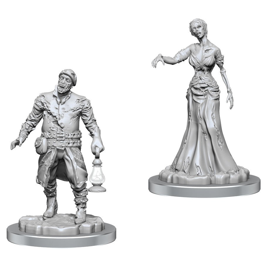 Deep Cuts: Zombies - Two unpainted miniatures, one of a standing male survivor holding a lantern, and the other a decayed female zombie in a.