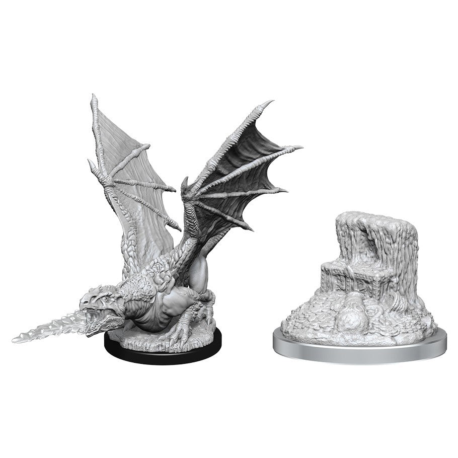 Dungeons & Dragons: Nolzur's Marvelous Minis: White Dragon Wyrmling - Unpainted white dragon wyrmling miniature with outstretched wings and sharp claws on a black base, next to a rocky terrain.