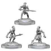 D&D: Nolzur's Marvelous Minis: Vegepygmies - Three unpainted gray D&D Vegepygmy miniatures with leafy head crests and spears on round bases.