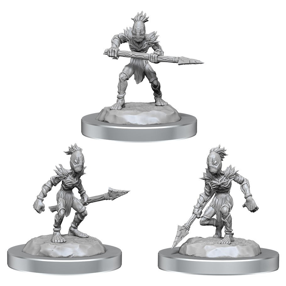 D&D: Nolzur's Marvelous Minis: Vegepygmies - Three unpainted gray D&D Vegepygmy miniatures with leafy head crests and spears on round bases.