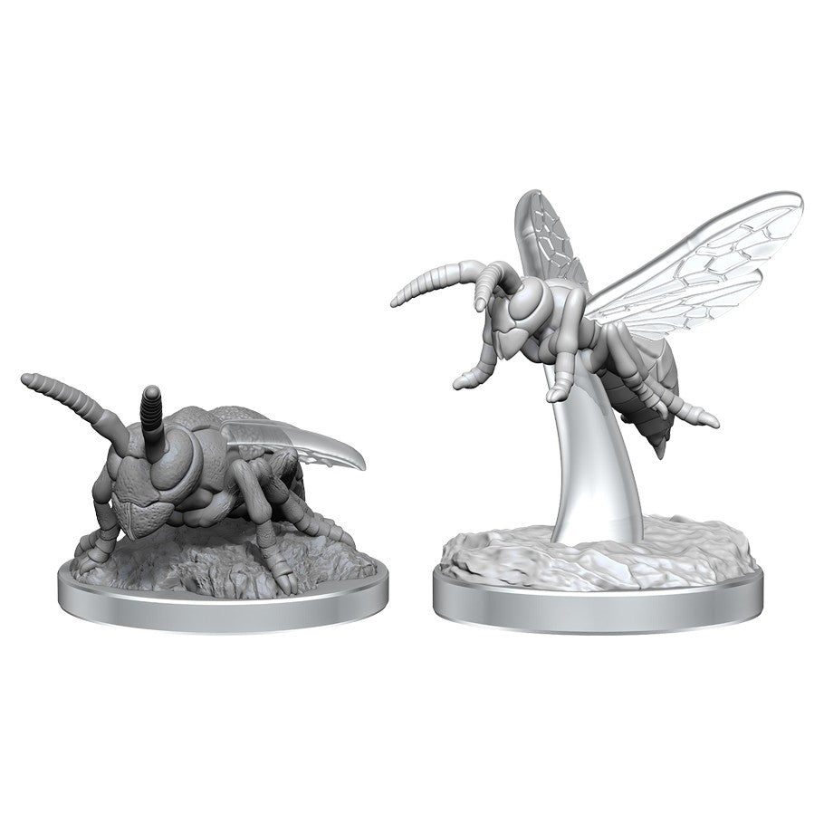 Deep Cuts: Murder Hornets - Two gray plastic hornet miniatures, one perched on ground terrain, the other flying with translucent wings and stinger.