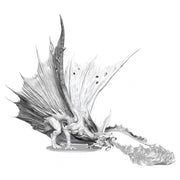 D&D: Nolzur's Marvelous Minis: Adult Gold Dragon - Unpainted plastic miniature of a large dragon breathing fire with detailed scales and outstretched wings.
