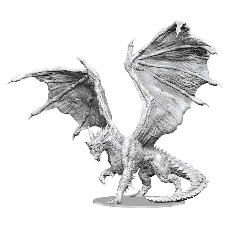 D&D Nolzur’s Marvelous Unpainted: Adult Blue Dragon - Unpainted detailed adult dragon miniature with large outstretched wings and textured scales on round base.