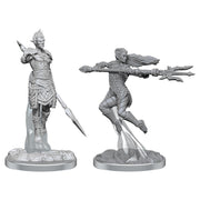 Dungeons & Dragons: Nolzur's Marvelous Minis: Sea Elf Fighters - Two unpainted gray resin miniatures of sea elf fighters, one standing with a spear and the other mid-leap wielding a trident.