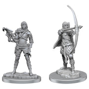 Deep Cuts: Human Rogue - Gray unpainted miniature of a hooded human rogue with dagger and crossbow, fantasy style.