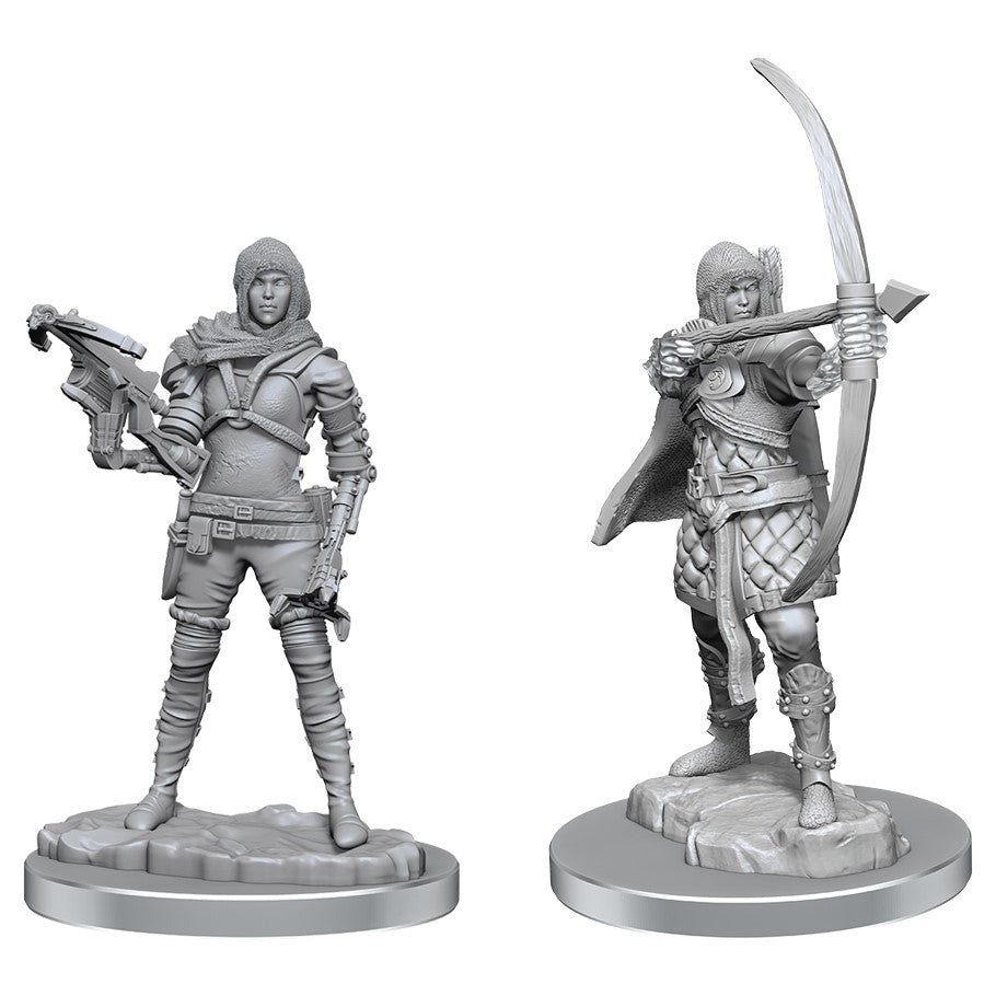 Deep Cuts: Human Rogue - Gray unpainted miniature of a hooded human rogue with dagger and crossbow, fantasy style.