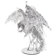 D&D Nolzur's Marvelous Miniatures: Red Ghost Dragon - Transparent plastic miniature of a winged dragon with tattered wings posed on a curved stand.
