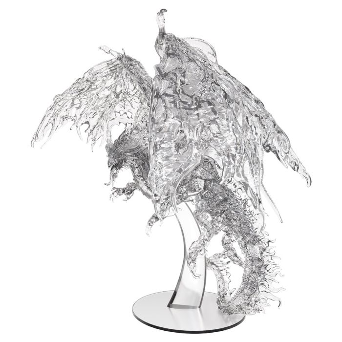 D&D Nolzur's Marvelous Miniatures: Red Ghost Dragon - Transparent plastic miniature of a winged dragon with tattered wings posed on a curved stand.