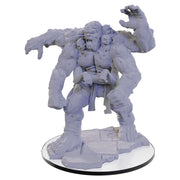 Critical Role Mini: Halas Flesh Golem - Unpainted pale gray resin mini with four muscular arms, stitched body, and menacing pose on textured circular base.