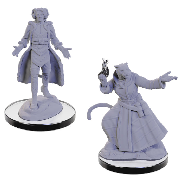 Critical Role Mini: Lucien Tavelle & Cree Deeproots - Two gray unpainted fantasy miniatures, one tall figure in a long coat with outstretched arms, the other crouched cat-like.