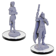 Critical Role Mini: Percival & Cassandra de Rolo - Gray resin miniatures of a woman with braided hair and a man with a raised arm, both standing on bases.