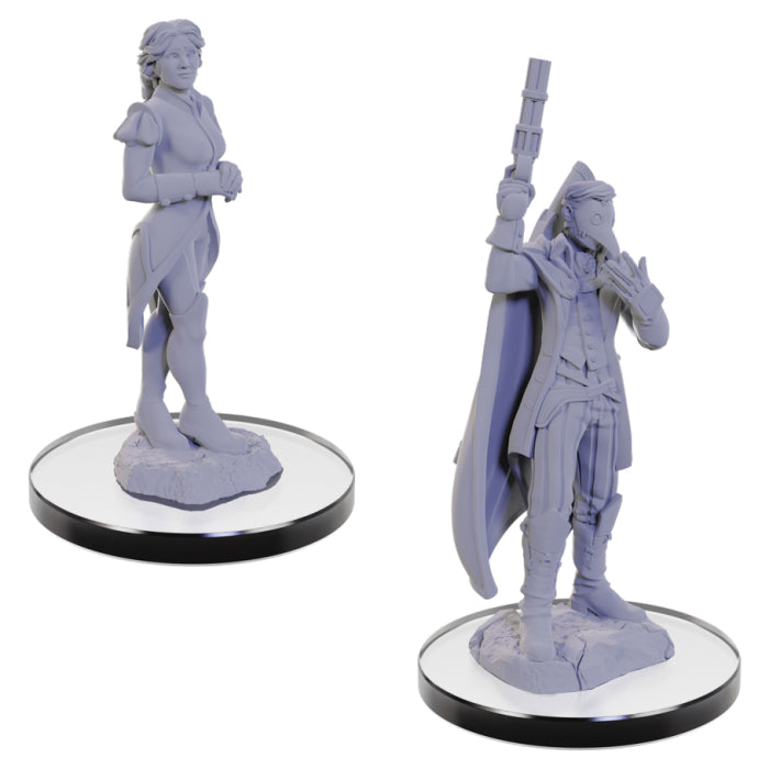 Critical Role Mini: Percival & Cassandra de Rolo - Gray resin miniatures of a woman with braided hair and a man with a raised arm, both standing on bases.