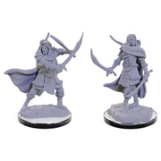 D&D: Nolzur's Marvelous Minis: Human Rangers - Two unpainted gray plastic miniatures of human rangers, each holding two curved swords and wearing cloaks over armor,.