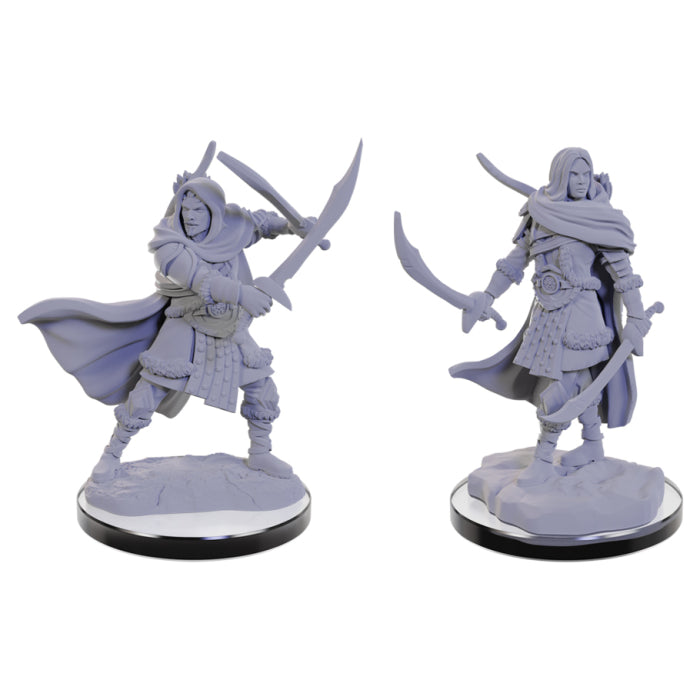 D&D: Nolzur's Marvelous Minis: Human Rangers - Two unpainted gray plastic miniatures of human rangers, each holding two curved swords and wearing cloaks over armor,.