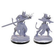 D&D Nolzur's Marvelous Minis: Tiefling Warlocks - Two unpainted gray plastic miniatures of tiefling warlocks, one wielding a long sword and casting magic, the other posing.