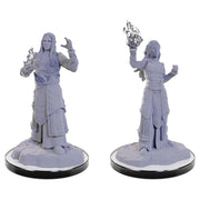 D&D Nolzur's Marvelous Minis: Elf Wizards - Two unpainted pale gray elf wizard miniatures on round bases, one holding a flame in each hand, both wearing long robes with