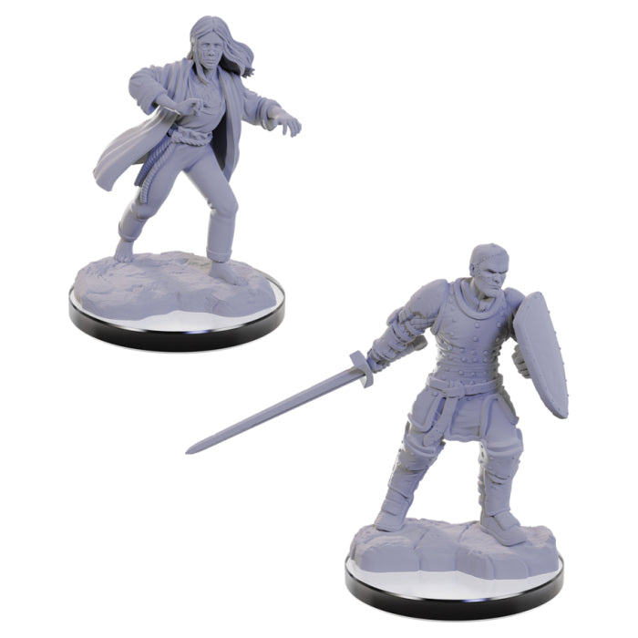D&D Nolzur's Marvelous Minis: Reborn Paladin & Warlock - One in dynamic pose with long coat and outstretched hands, the other armored holding sword and shield.