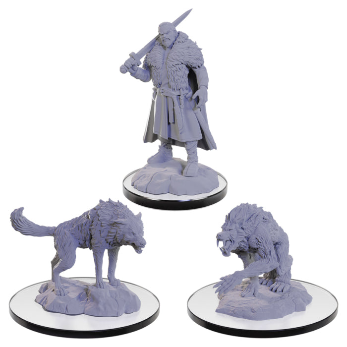 D&D Nolzur's Marvelous Minis: Loup Garou - Three unpainted gray plastic miniatures depicting a standing loup garou warrior with a sword, a snarling wolf on a rocky.
