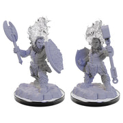 D&D Nolzur's Marvelous Minis: Azer Warriors - Gray resin Dungeons & Dragons miniatures of fiery armored warriors, one with axe and shield, one with hammer and shield,.