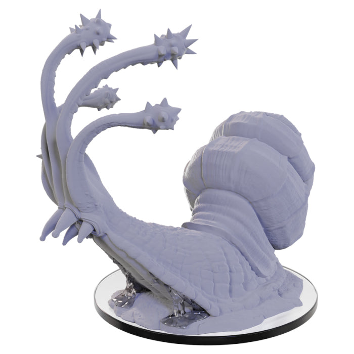 D&D Nolzur's Marvelous Minis: Flail Snail - Unpainted gray plastic miniature of a large snail with spiked flails extending from its body, mounted on a clear round base.