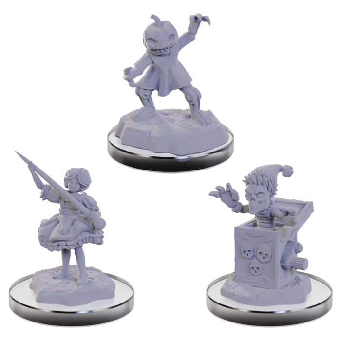 D&D: Nolzur's Marvelous Minis: Carrionettes - Carrionettes set, featuring a grinning imp with clawed hands, a doll-like figure holding a spear, and a clown emerging from.