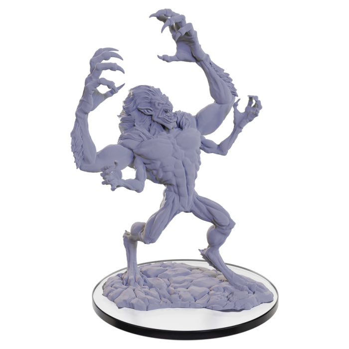 D&D Nolzur's Marvelous Minis: Draegloth - Unpainted gray plastic miniature of a four-armed muscular humanoid creature with sharp claws and a snarling face on a.