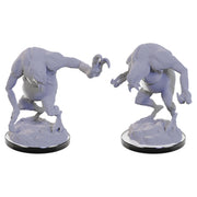 D&D Nolzur's Marvelous Minis: Ettercaps - Unpainted gray plastic miniature of a hunched creature with long arms and clawed hands on rocky base, fantasy style.