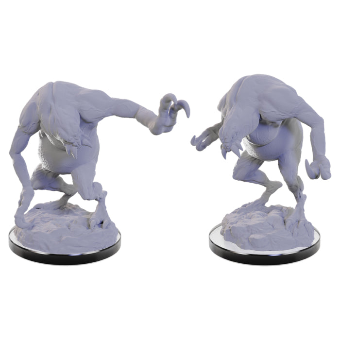 D&D Nolzur's Marvelous Minis: Ettercaps - Unpainted gray plastic miniature of a hunched creature with long arms and clawed hands on rocky base, fantasy style.