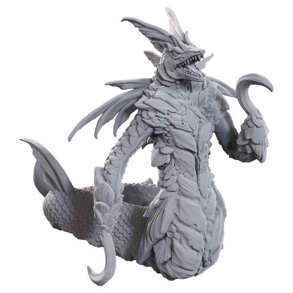 D&D Nolzur's Marvelous Miniatures: Wastrilith - Gray resin miniature of a serpentine creature with sharp teeth, multiple spiked fins, and clawed arms.