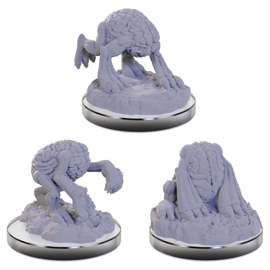 D&D Nolzur's Marvelous Miniatures: Intellect Devourers - Gray plastic miniature of a brain-headed creature with multiple clawed limbs on a rocky base, D&D Intellect Devourer model.