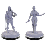 Pathfinder: Deep Cuts: Urdefhan Lasher & Death Scout - Gray unpainted fantasy miniatures of a cloaked warrior with a staff and a stealthy figure holding a dagger, both on round.