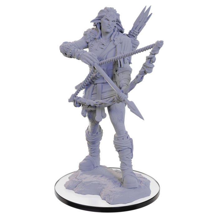 Pathfinder: Deep Cuts: Wood Giant - Unpainted gray resin miniature of a wood giant archer with long hair, quiver, and bow, standing on textured base.