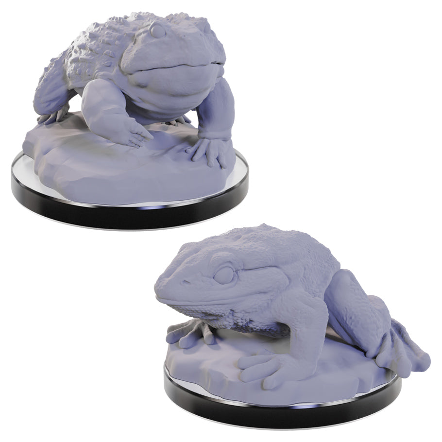 WizKids Deep Cuts: Giant Frogs - Gray unpainted miniature of a giant frog with textured skin crouching on a round base, resin material.