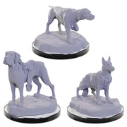 WizKids Deep Cuts: Dog Companions - Three unpainted gray resin dog miniatures on round black bases, each featuring different breeds with detailed fur and.