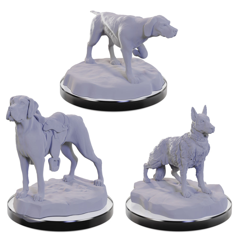 WizKids Deep Cuts: Dog Companions - Three unpainted gray resin dog miniatures on round black bases, each featuring different breeds with detailed fur and.