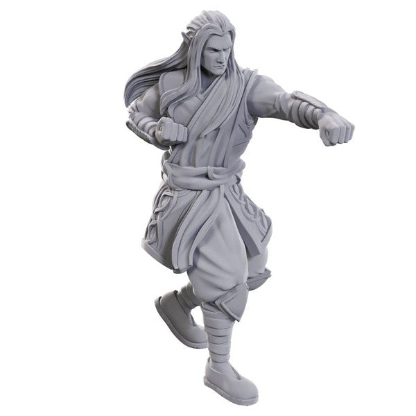 D&D Nolzur's Marvelous Miniatures: Archdruid & Martial Arts Adept - Gray plastic miniature of a male martial artist in dynamic punching pose with flowing hair and layered robes.