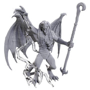 D&D Nolzur's Marvelous Miniatures: Blue Abishai - Unpainted gray miniature of winged demon with long hair, holding a staff and surrounded by flames.