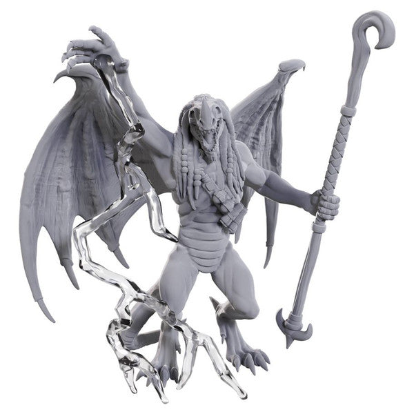 D&D Nolzur's Marvelous Miniatures: Blue Abishai - Unpainted gray miniature of winged demon with long hair, holding a staff and surrounded by flames.